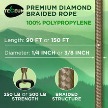 TECEUM Rope – 1/4” & 3/8” – 90 FT | 150 FT – Strong All-Purpose Utility Rope – Camping, Crafting, Flag Pole, Indoor & Outdoor – Polypropylene Nylon Poly Lightweight Diamond Braided Cord – Black