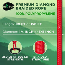 TECEUM Rope – 1/4” & 3/8” – 90 FT | 150 FT – Strong All-Purpose Utility Rope – Camping, Crafting, Flag Pole, Indoor & Outdoor – Polypropylene Nylon Poly Lightweight Diamond Braided Cord – Black