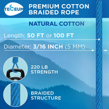 TECEUM 500lb Cotton Rope 3/16” (5 mm) – 50 FT | 100 FT– Strong All-Purpose Braided Rope – Natural Cotton – for Crafting, Сamping, Clothes Line, DIY, Indoor & Outdoor Use – Natural