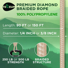 TECEUM Rope – 1/4” & 3/8” – 90 FT | 150 FT – Strong All-Purpose Utility Rope – Camping, Crafting, Flag Pole, Indoor & Outdoor – Polypropylene Nylon Poly Lightweight Diamond Braided Cord – Black