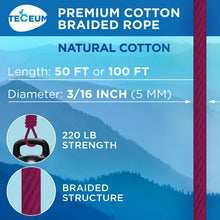 TECEUM 500lb Cotton Rope 3/16” (5 mm) – 50 FT | 100 FT– Strong All-Purpose Braided Rope – Natural Cotton – for Crafting, Сamping, Clothes Line, DIY, Indoor & Outdoor Use – Natural
