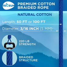 TECEUM 500lb Cotton Rope 3/16” (5 mm) – 50 FT | 100 FT– Strong All-Purpose Braided Rope – Natural Cotton – for Crafting, Сamping, Clothes Line, DIY, Indoor & Outdoor Use – Natural