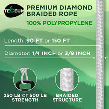 TECEUM Rope – 1/4” & 3/8” – 90 FT | 150 FT – Strong All-Purpose Utility Rope – Camping, Crafting, Flag Pole, Indoor & Outdoor – Polypropylene Nylon Poly Lightweight Diamond Braided Cord – Black