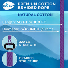 TECEUM 500lb Cotton Rope 3/16” (5 mm) – 50 FT | 100 FT– Strong All-Purpose Braided Rope – Natural Cotton – for Crafting, Сamping, Clothes Line, DIY, Indoor & Outdoor Use – Natural