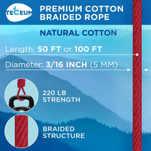 TECEUM 500lb Cotton Rope 3/16” (5 mm) – 50 FT | 100 FT– Strong All-Purpose Braided Rope – Natural Cotton – for Crafting, Сamping, Clothes Line, DIY, Indoor & Outdoor Use – Natural