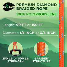 TECEUM Rope – 1/4” & 3/8” – 90 FT | 150 FT – Strong All-Purpose Utility Rope – Camping, Crafting, Flag Pole, Indoor & Outdoor – Polypropylene Nylon Poly Lightweight Diamond Braided Cord – Black