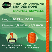 TECEUM Rope – 1/4” & 3/8” – 90 FT | 150 FT – Strong All-Purpose Utility Rope – Camping, Crafting, Flag Pole, Indoor & Outdoor – Polypropylene Nylon Poly Lightweight Diamond Braided Cord – Black