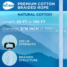 TECEUM 500lb Cotton Rope 3/16” (5 mm) – 50 FT | 100 FT– Strong All-Purpose Braided Rope – Natural Cotton – for Crafting, Сamping, Clothes Line, DIY, Indoor & Outdoor Use – Natural