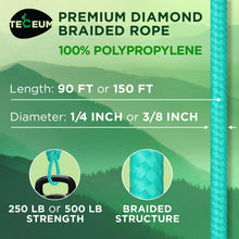 TECEUM Rope – 1/4” & 3/8” – 90 FT | 150 FT – Strong All-Purpose Utility Rope – Camping, Crafting, Flag Pole, Indoor & Outdoor – Polypropylene Nylon Poly Lightweight Diamond Braided Cord – Black