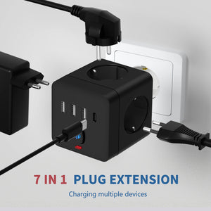 7-in-1 EU Power Strip, Power Strip Surge Protector 3 AC Outlets 3 USB