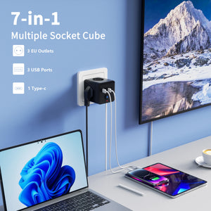 7-in-1 EU Power Strip, Power Strip Surge Protector 3 AC Outlets 3 USB