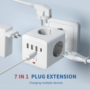 7-in-1 EU Power Strip, Power Strip Surge Protector 3 AC Outlets 3 USB