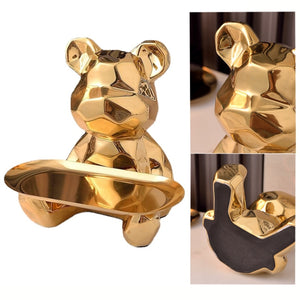Geometric Bear Statue With Tray Storage, Ceramic Plating Piggy Bank,