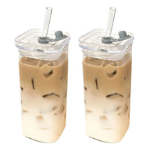 1PCS Square Heat Resistant Coffee Glass Cup With Lid and Straw