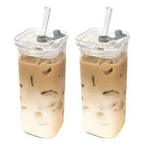 1PCS Square Heat Resistant Coffee Glass Cup With Lid and Straw
