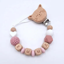 Personalized Pacifier Clip Custom Name Baby Teether Holder BPA Free Silicone Beads Wood Cat Dummy Chain Soother Clip Shower Gift
