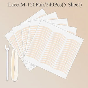 240Pcs Double Fold Eyelid Tape Sticker Lace Nature Clear Beige Stripe