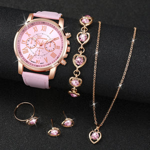 5PCS/Set Fashion Women Watch Rhinestone Heart Jewelry Set Geneva Watch