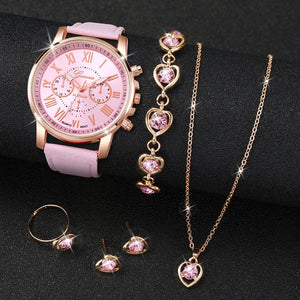 5PCS/Set Fashion Women Watch Rhinestone Heart Jewelry Set Geneva Watch