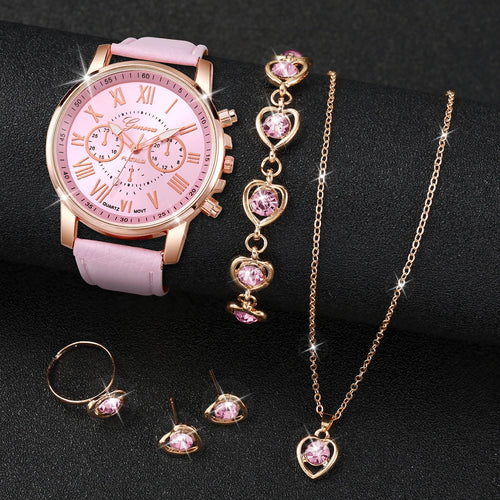 5PCS/Set Fashion Women Watch Rhinestone Heart Jewelry Set Geneva Watch