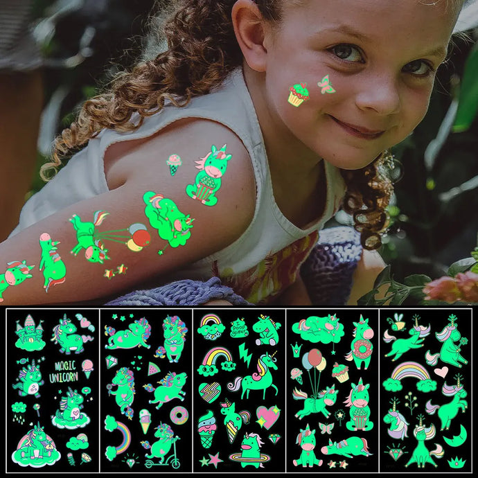 5pcs Green Luminous Glow Cute Unicorn Waterproof Temporary Tattoo