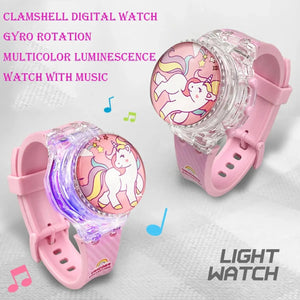 Fashion Creative Gyro Turntable Unicorn Light up Watch Students Watch