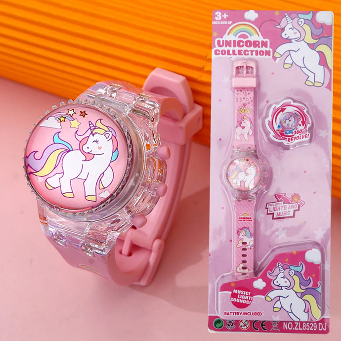 Fashion Creative Gyro Turntable Unicorn Light up Watch Students Watch