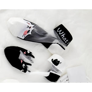 5Pairs Black and white cat women's socks, glass fiber breathable sweat