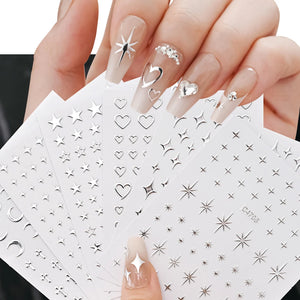 6 Sheets Metal Silver Nail Stickers Metallic 3D Star Nail Art Stickers