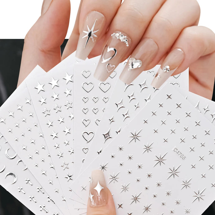 6 Sheets Metal Silver Nail Stickers Metallic 3D Star Nail Art Stickers