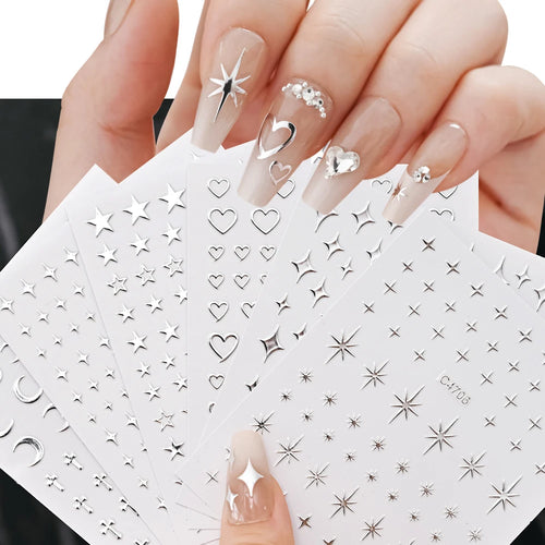 6 Sheets Metal Silver Nail Stickers Metallic 3D Star Nail Art Stickers