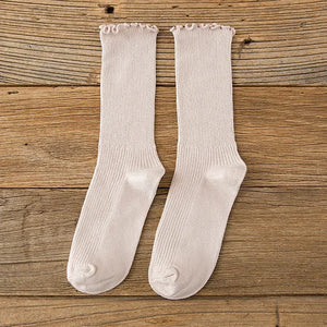1 Pair Women's Lace Trim Ruffle Socks Cotton Stacked Socks Mid Calf