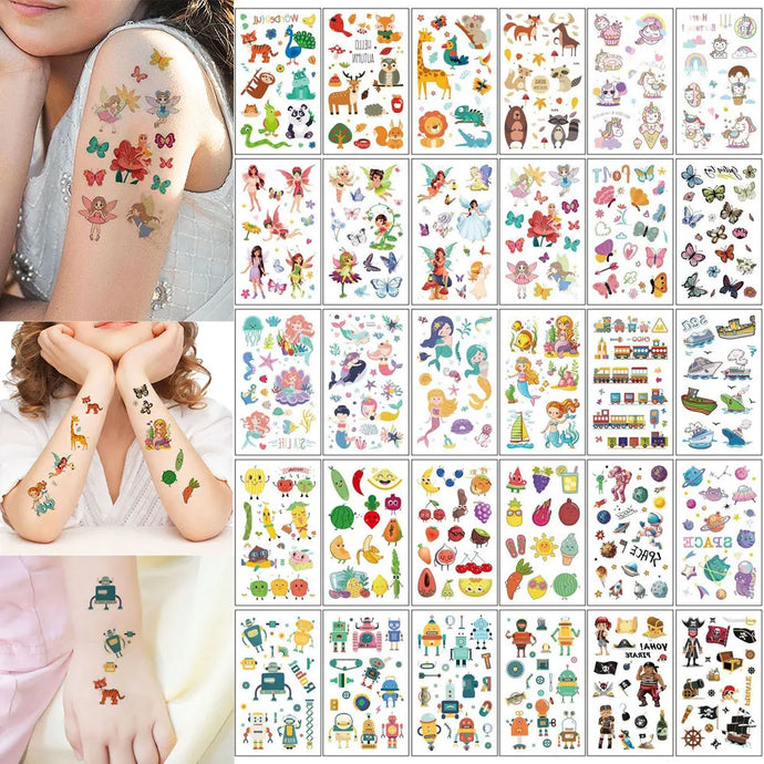 30pcs Temporary Tattoos for Children Unicorn Mermaid Car Fruit Cartoon
