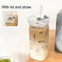 1PCS Square Heat Resistant Coffee Glass Cup With Lid and Straw
