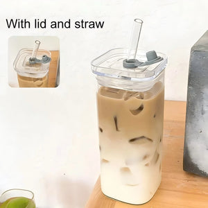 1PCS Square Heat Resistant Coffee Glass Cup With Lid and Straw