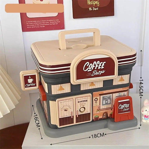 Portable Store Shaped Money Box Plastic Key Lock Cash Box Students