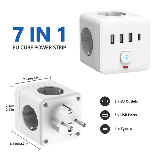 7-in-1 EU Power Strip, Power Strip Surge Protector 3 AC Outlets 3 USB