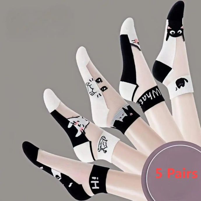 5Pairs Black and white cat women's socks, glass fiber breathable sweat