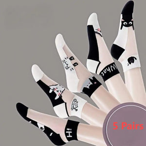 5Pairs Black and white cat women's socks, glass fiber breathable sweat