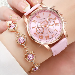 5PCS/Set Fashion Women Watch Rhinestone Heart Jewelry Set Geneva Watch