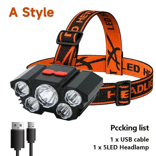 5 LED Headlamp Rechargeable with Built in 18650 Battery Strong Light