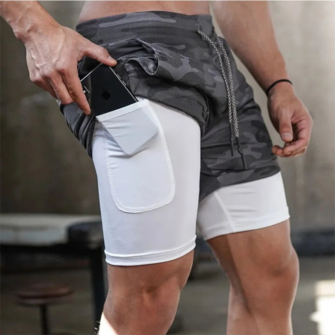 Camouflage running shorts, men's gym sports shorts 2-in-1, quick dry