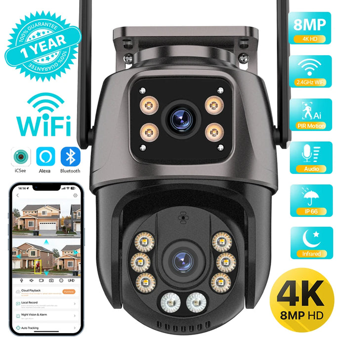 4K 8MP HD Wifi PTZ Camera Outdoor 6MP Dual Lens Dual Screen AI Auto