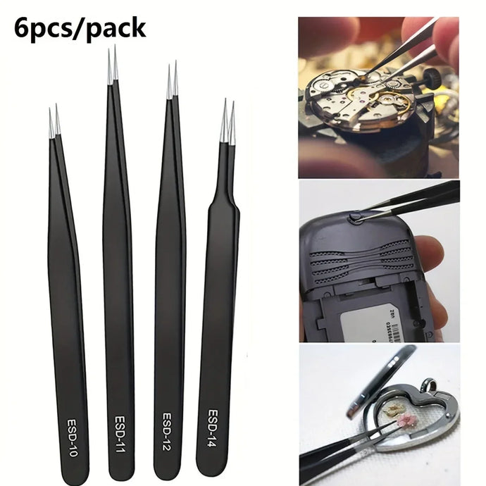 6-Piece ESD Anti-Static Tweezers Set, Precision Stainless Steel Tools