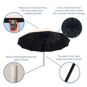 1pc Wind Resistant Folding Automatic Umbrella Rain Black Coating 12