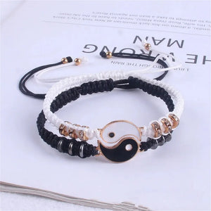 2 PC Jewelry Set Couple Black White Tai Chi Bracelet Rope Adjustable