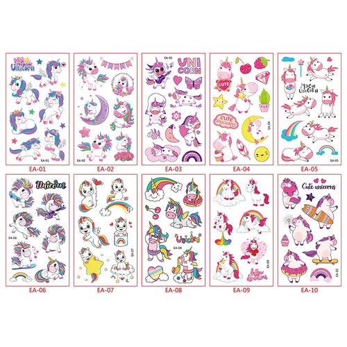 10 sheets Unicorn Fake Tattoo Stickers Cartoon Temporary Tattoos Kids
