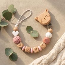 Personalized Pacifier Clip Custom Name Baby Teether Holder BPA Free Silicone Beads Wood Cat Dummy Chain Soother Clip Shower Gift