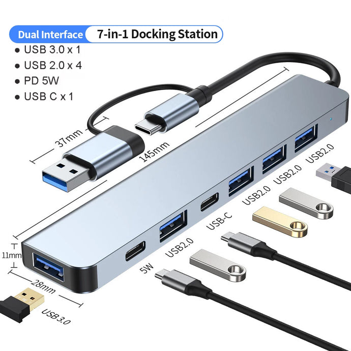 USB C Hub USB Hub 3.0, Aluminum 7 in 1 USB Extender, USB Splitter with