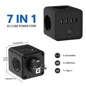 7-in-1 EU Power Strip, Power Strip Surge Protector 3 AC Outlets 3 USB